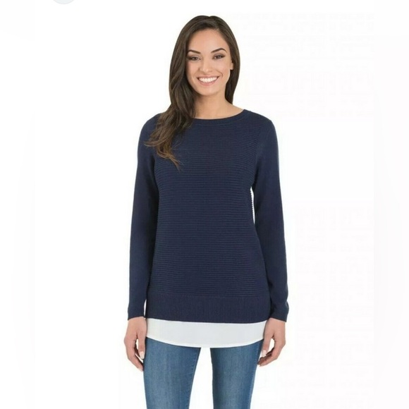 Hilary Radley Sweaters - Hilary Radley Two Fer Navy/White Ribbed Pull Over Sweater, Size Medium